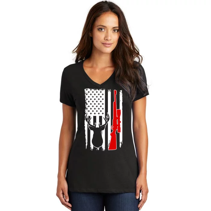 Deer Hunting Distressed USA American Flag Women's V-Neck T-Shirt