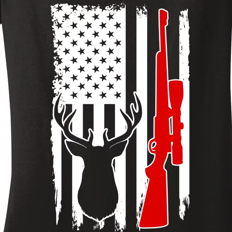 Deer Hunting Distressed USA American Flag Women's V-Neck T-Shirt