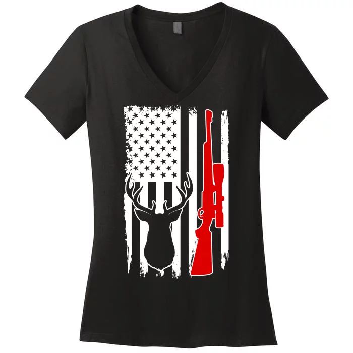 Deer Hunting Distressed USA American Flag Women's V-Neck T-Shirt