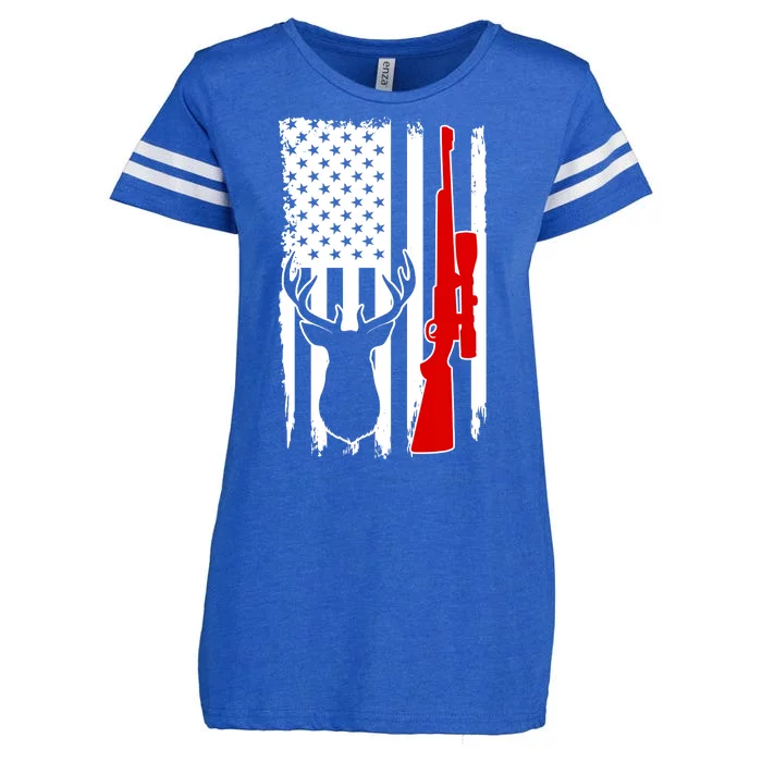 Deer Hunting Distressed USA American Flag Enza Ladies Jersey Football T-Shirt