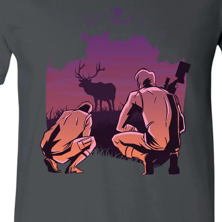 Deer Hunting Scene V-Neck T-Shirt