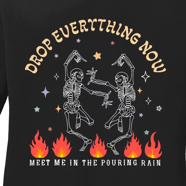 Drop Everything Now Meet Me In The Pouring Rain Dancing Skeleton Ladies Long Sleeve Shirt