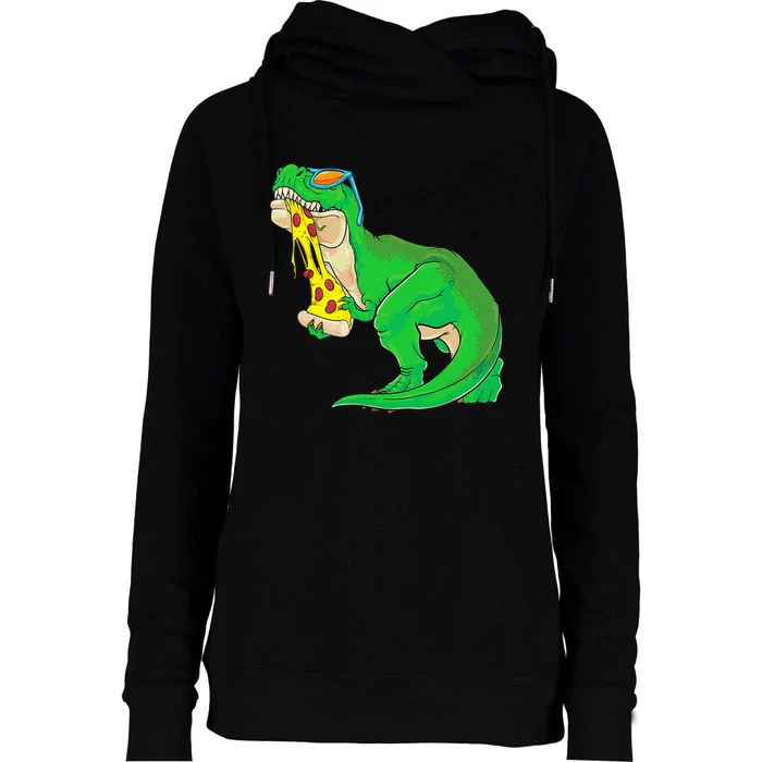 dinosaur eating pizza pizzasaurus t rex Womens Funnel Neck Pullover Hood