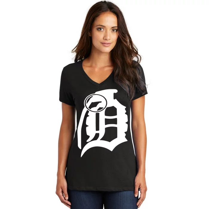 Detroit English D Grenade Michigan Logo Women's V-Neck T-Shirt