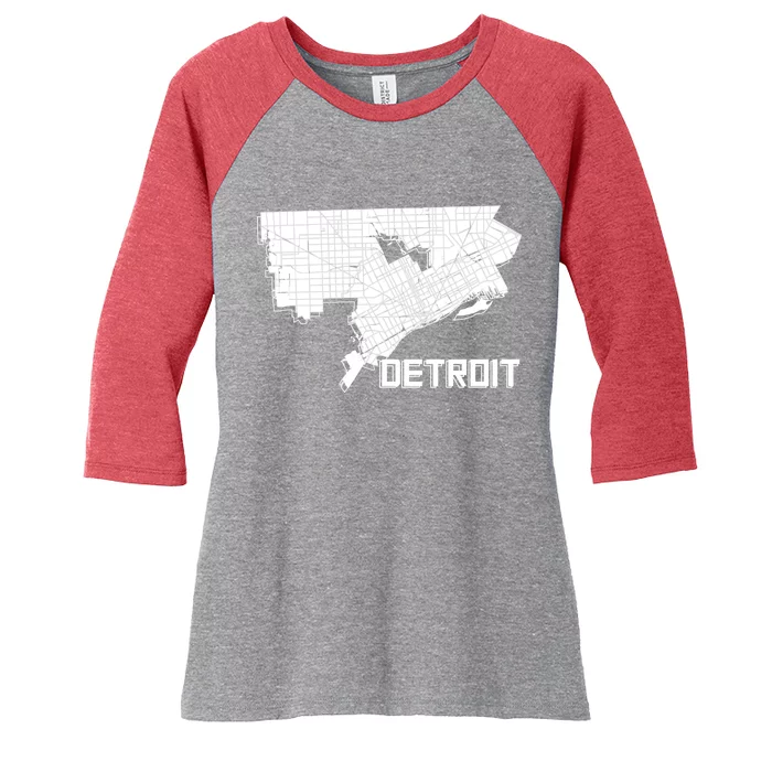 Detroit Illustration Map Women's Tri-Blend 3/4-Sleeve Raglan Shirt