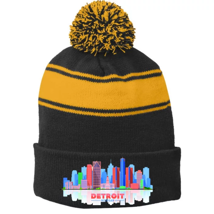 Detroit Skyline Abstract Stripe Pom Pom Beanie