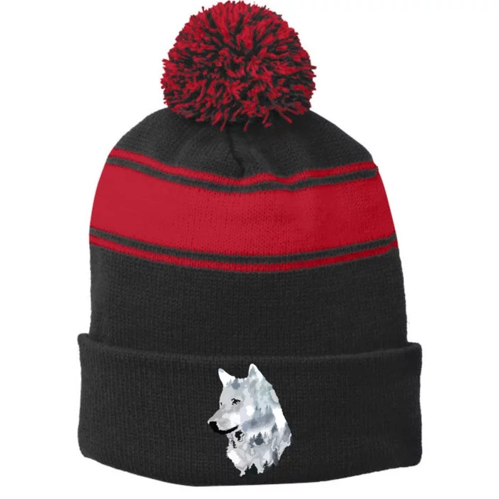 Double Exposure Wolf Wolves Lover Gift Artsy Animal Wildlife Stripe Pom Pom Beanie