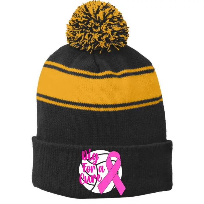 Dig For A Cure Breast Cancer Awareness Volleyball Pink Out Stripe Pom Pom Beanie