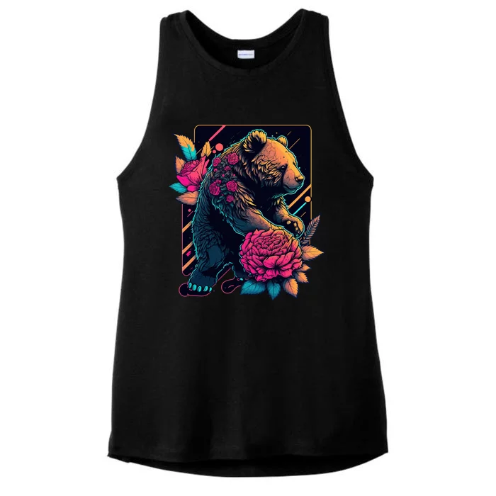 Design Featuring A Bear In Vibrant Neon Colors With A Retro Aesthetic Ladies Tri-Blend Wicking Tank