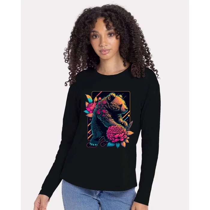 Design Featuring A Bear In Vibrant Neon Colors With A Retro Aesthetic Womens Cotton Relaxed Long Sleeve T-Shirt