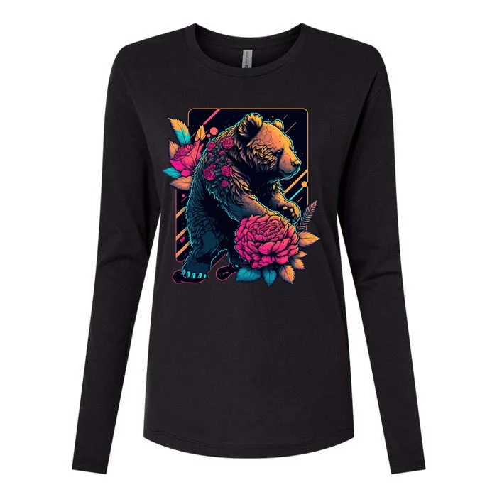 Design Featuring A Bear In Vibrant Neon Colors With A Retro Aesthetic Womens Cotton Relaxed Long Sleeve T-Shirt