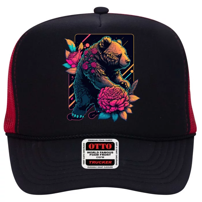 Design Featuring A Bear In Vibrant Neon Colors With A Retro Aesthetic High Crown Mesh Trucker Hat