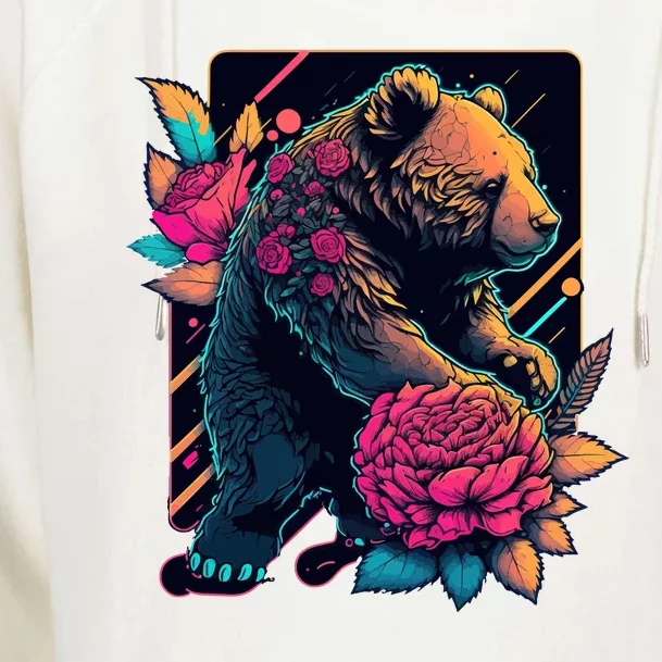 Design Featuring A Bear In Vibrant Neon Colors With A Retro Aesthetic Womens Funnel Neck Pullover Hood