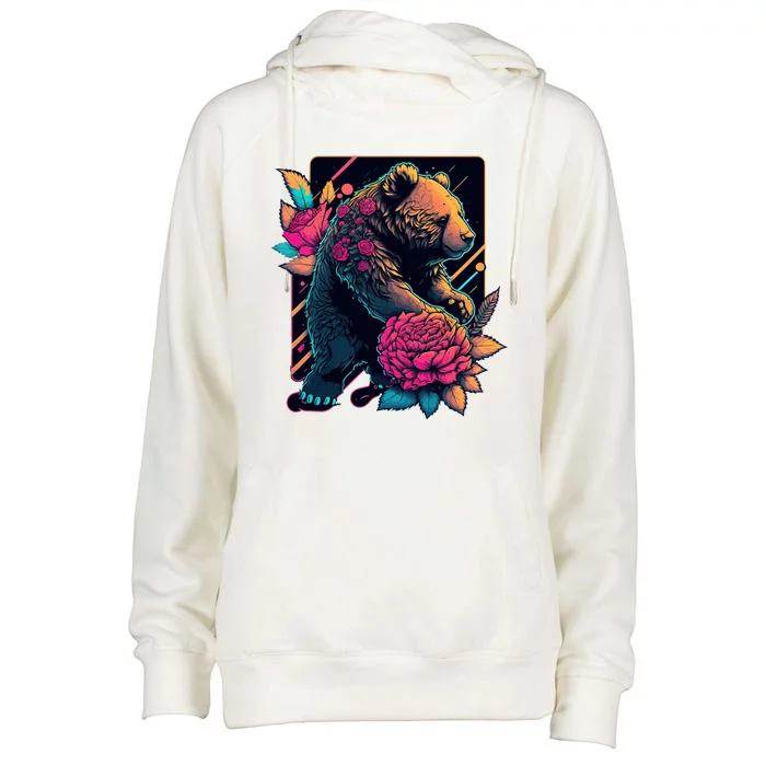 Design Featuring A Bear In Vibrant Neon Colors With A Retro Aesthetic Womens Funnel Neck Pullover Hood