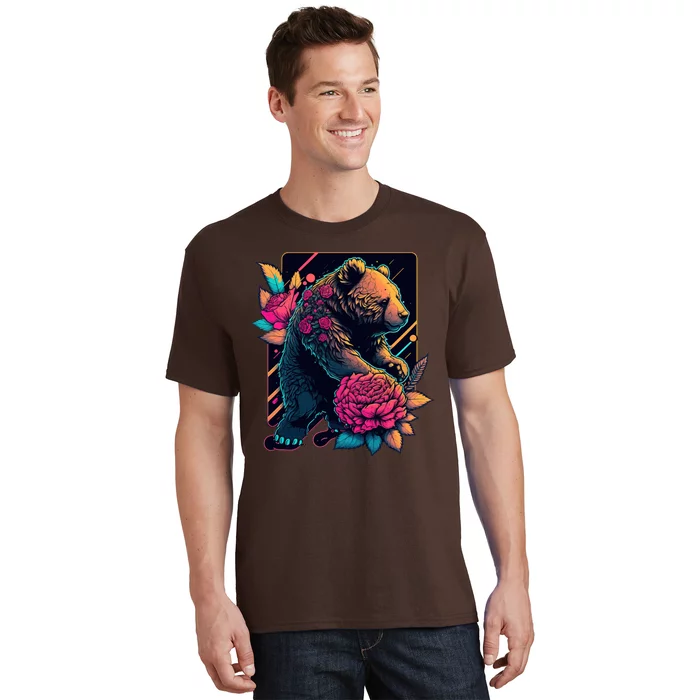 Design Featuring A Bear In Vibrant Neon Colors With A Retro Aesthetic T-Shirt