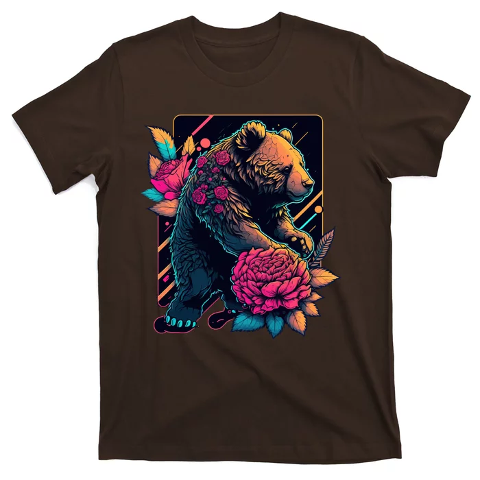 Design Featuring A Bear In Vibrant Neon Colors With A Retro Aesthetic T-Shirt