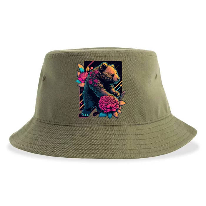 Design Featuring A Bear In Vibrant Neon Colors With A Retro Aesthetic Sustainable Bucket Hat