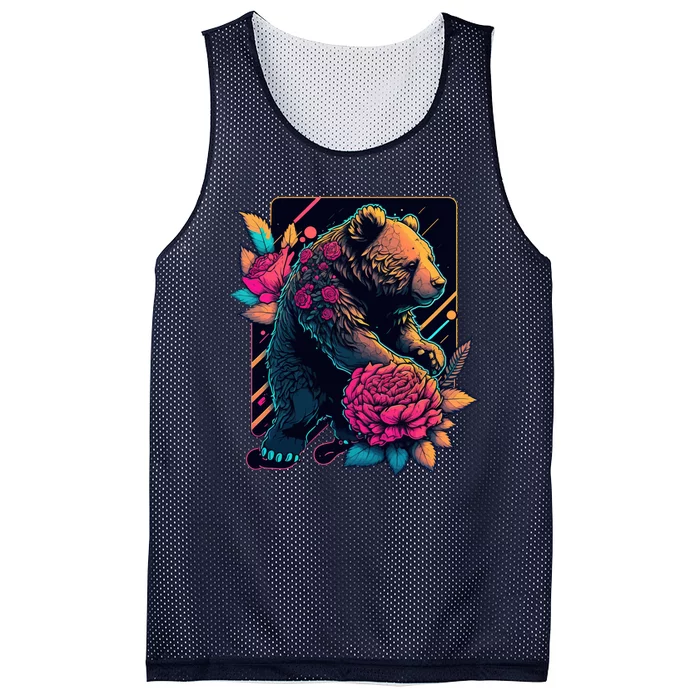 Design Featuring A Bear In Vibrant Neon Colors With A Retro Aesthetic Mesh Reversible Basketball Jersey Tank