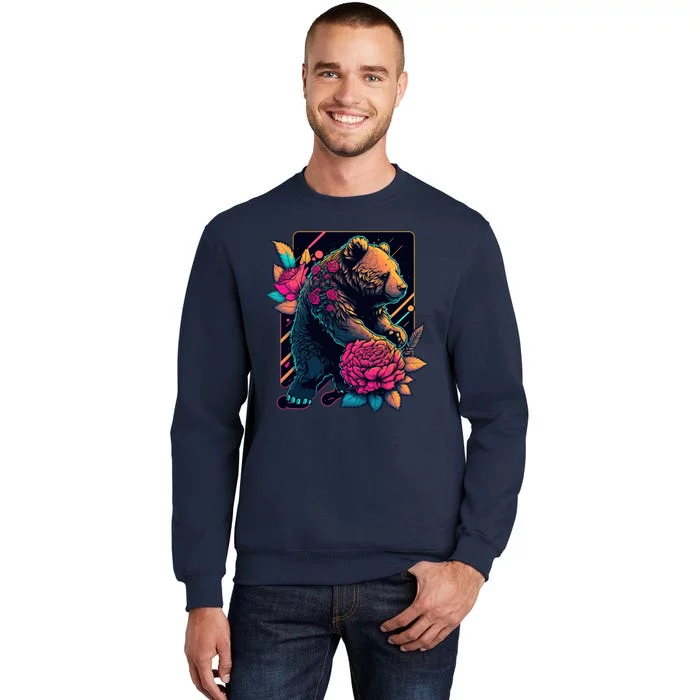 Design Featuring A Bear In Vibrant Neon Colors With A Retro Aesthetic Tall Sweatshirt