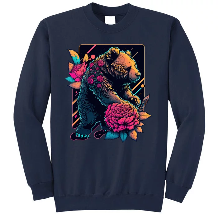 Design Featuring A Bear In Vibrant Neon Colors With A Retro Aesthetic Tall Sweatshirt