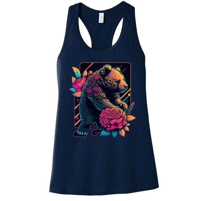 Design Featuring A Bear In Vibrant Neon Colors With A Retro Aesthetic Women's Racerback Tank