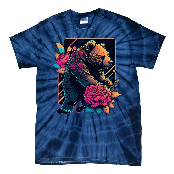 Design Featuring A Bear In Vibrant Neon Colors With A Retro Aesthetic Tie-Dye T-Shirt