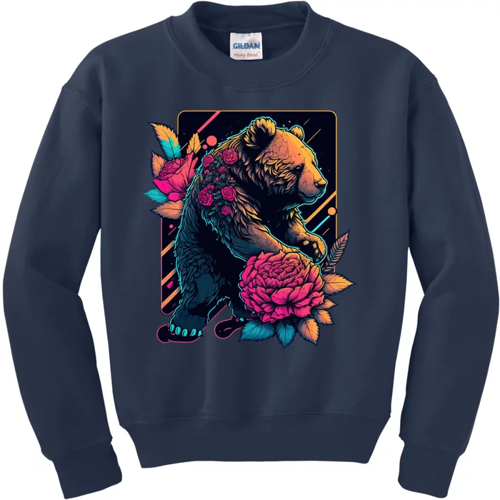 Design Featuring A Bear In Vibrant Neon Colors With A Retro Aesthetic Kids Sweatshirt