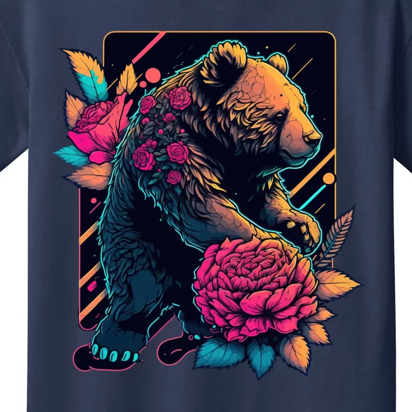 Design Featuring A Bear In Vibrant Neon Colors With A Retro Aesthetic Kids T-Shirt