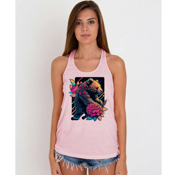 Design Featuring A Bear In Vibrant Neon Colors With A Retro Aesthetic Women's Knotted Racerback Tank