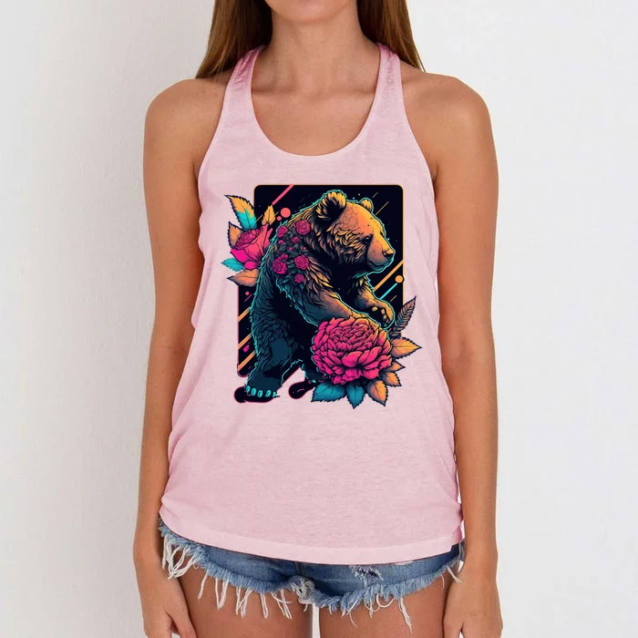 Design Featuring A Bear In Vibrant Neon Colors With A Retro Aesthetic Women's Knotted Racerback Tank