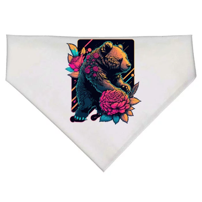 Design Featuring A Bear In Vibrant Neon Colors With A Retro Aesthetic USA-Made Doggie Bandana