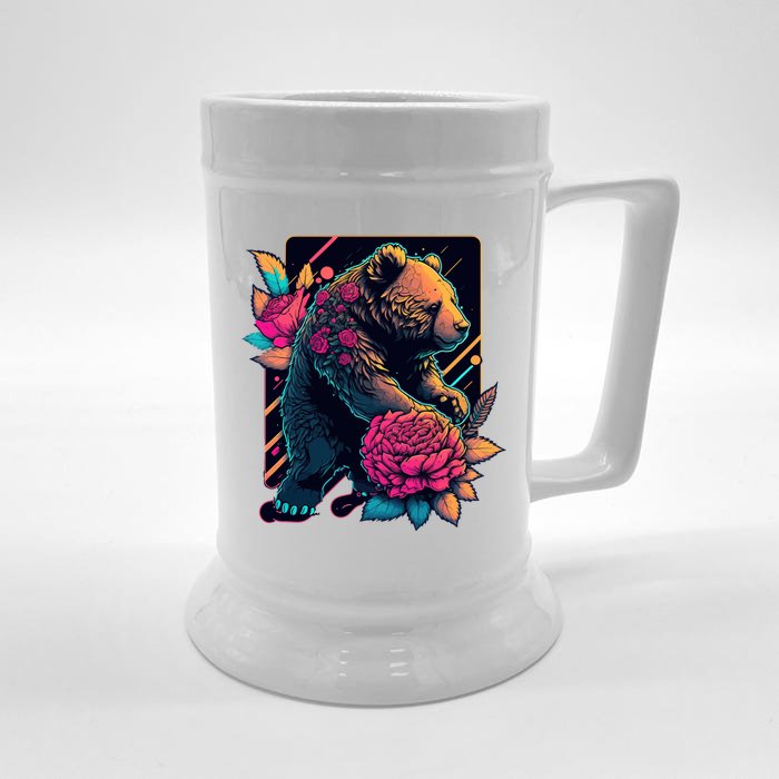 Design Featuring A Bear In Vibrant Neon Colors With A Retro Aesthetic Front & Back Beer Stein