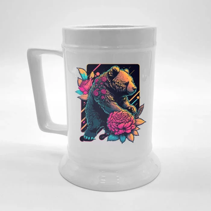 Design Featuring A Bear In Vibrant Neon Colors With A Retro Aesthetic Front & Back Beer Stein