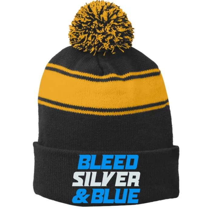 Detroit Football Bleed Silver & Blue Stripe Pom Pom Beanie