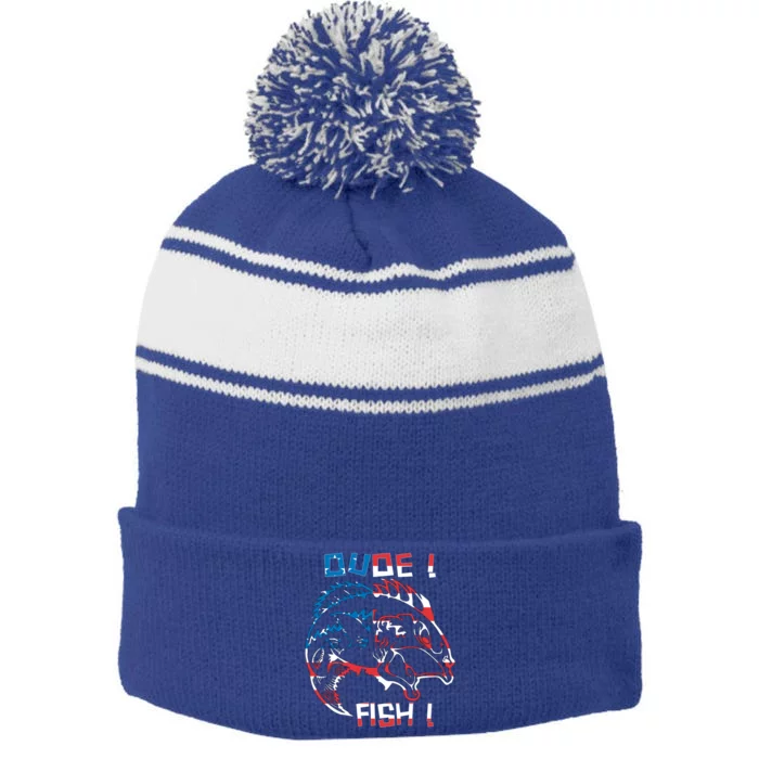 Dude! Fish! Bass American Flag Tee Gift Stripe Pom Pom Beanie