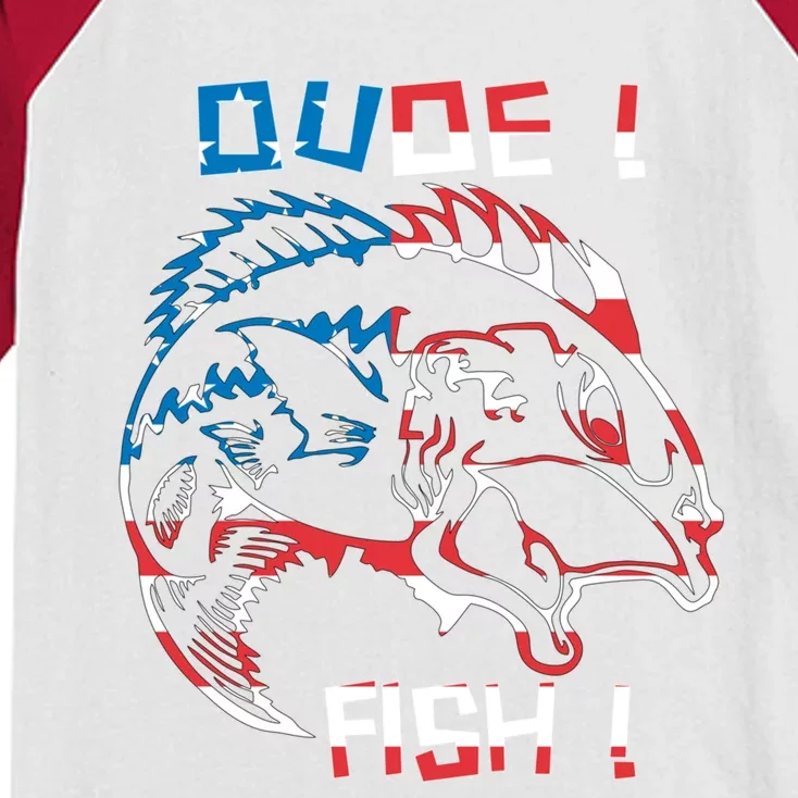 Dude! Fish! Bass American Flag Tee Gift Kids Colorblock Raglan Jersey