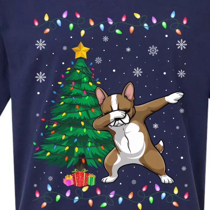 Dabbing Frenchie Dog Xmas Tree Lights Ugly Christmas Sueded Cloud Jersey T-Shirt