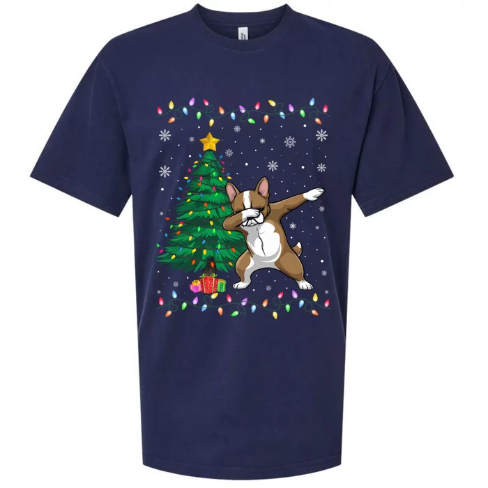 Dabbing Frenchie Dog Xmas Tree Lights Ugly Christmas Sueded Cloud Jersey T-Shirt