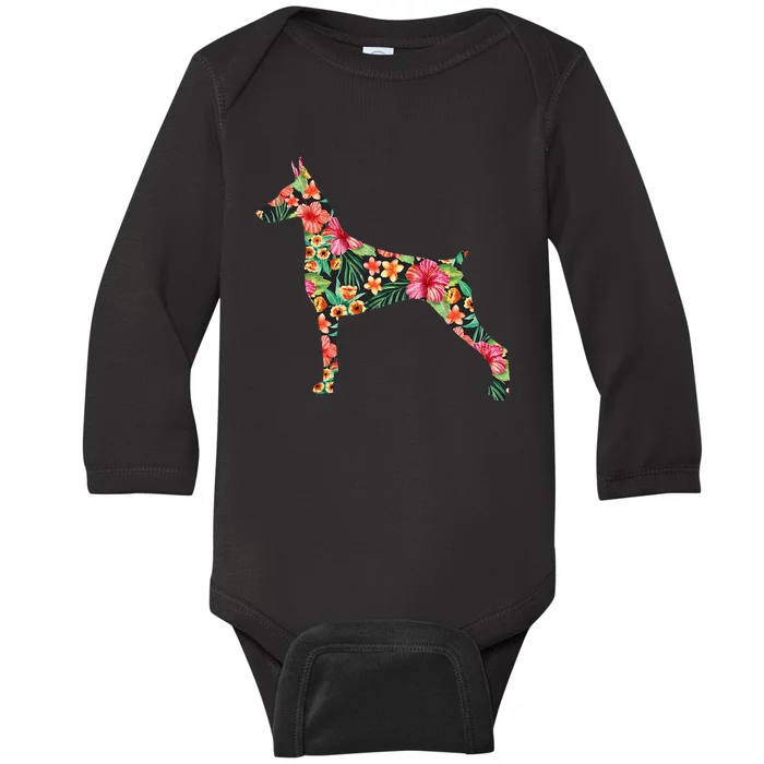 Doberman Flower Funny Dog Silhouette Floral Gifts Baby Long Sleeve Bodysuit