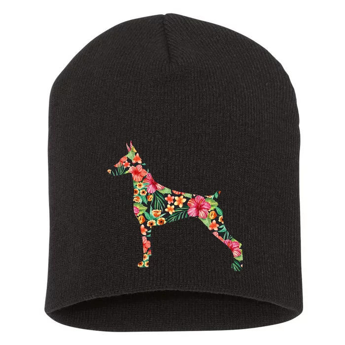 Doberman Flower Funny Dog Silhouette Floral Gifts Short Acrylic Beanie