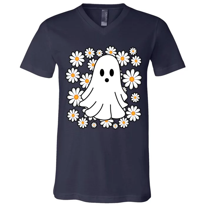 Daisy Floral Ghost Cute Halloween V-Neck T-Shirt