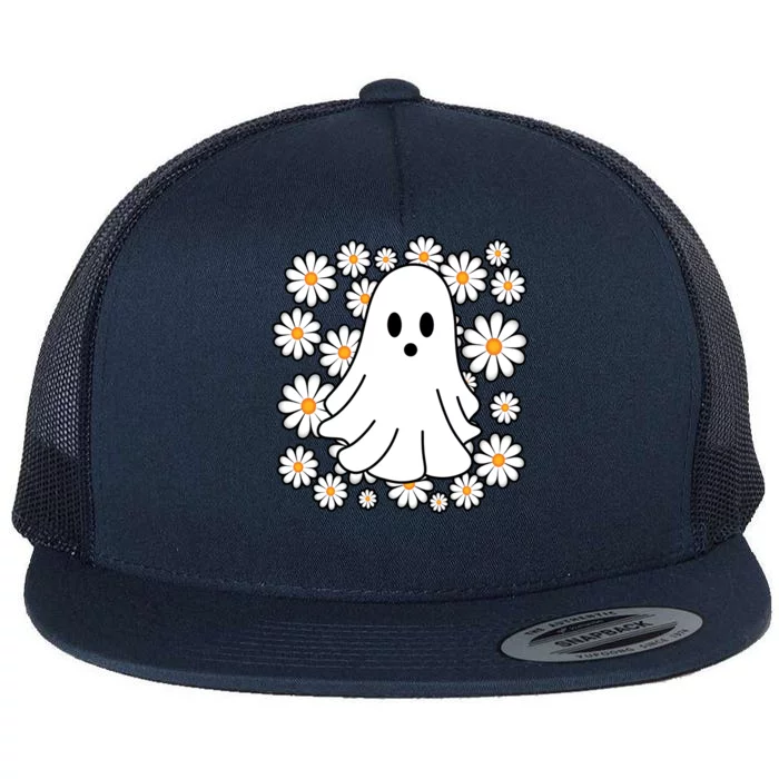 Daisy Floral Ghost Cute Halloween Flat Bill Trucker Hat