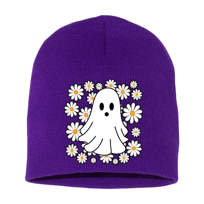 Daisy Floral Ghost Cute Halloween Short Acrylic Beanie