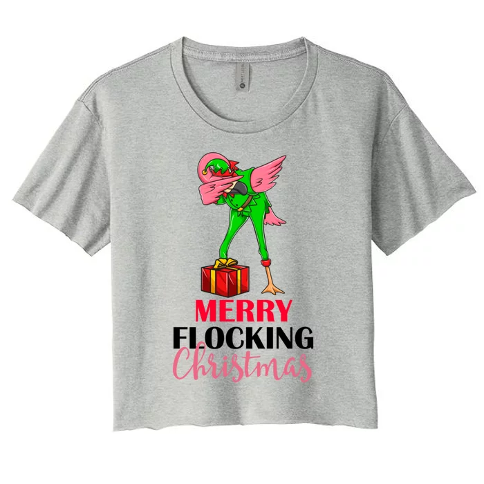 Dabbing Flamingo Holiday Elf Merry Flocking Christmas Pun Gift Women's Crop Top Tee