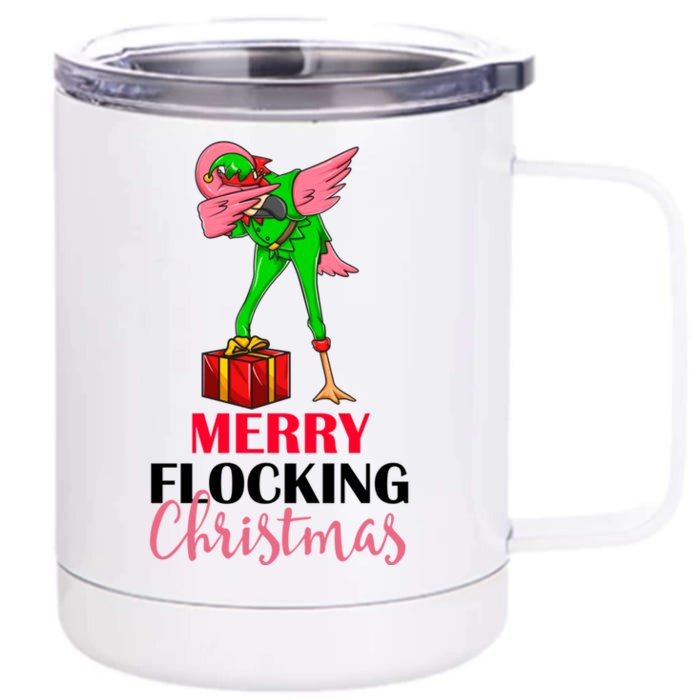 Dabbing Flamingo Holiday Elf Merry Flocking Christmas Pun Gift Front & Back 12oz Stainless Steel Tumbler Cup