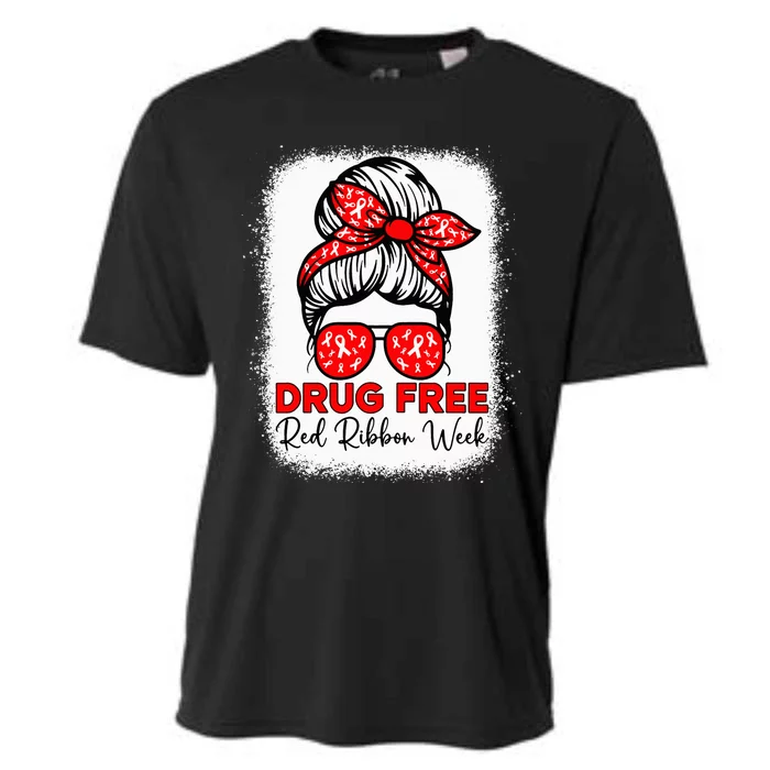 Drug Free  Red Ribbon Week Awareness Messy Bun Bleached Cooling Performance Crew T-Shirt