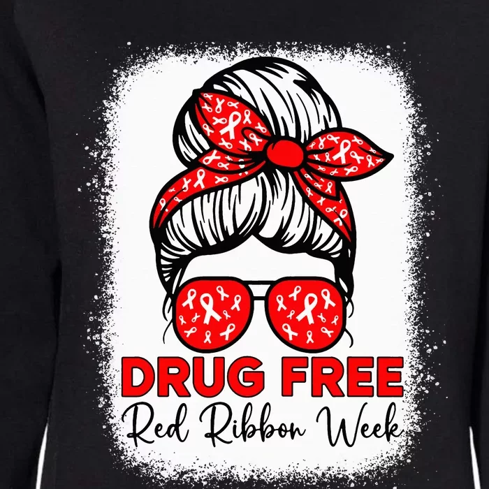 Drug Free  Red Ribbon Week Awareness Messy Bun Bleached Womens California Wash Sweatshirt