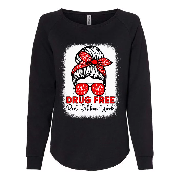 Drug Free  Red Ribbon Week Awareness Messy Bun Bleached Womens California Wash Sweatshirt