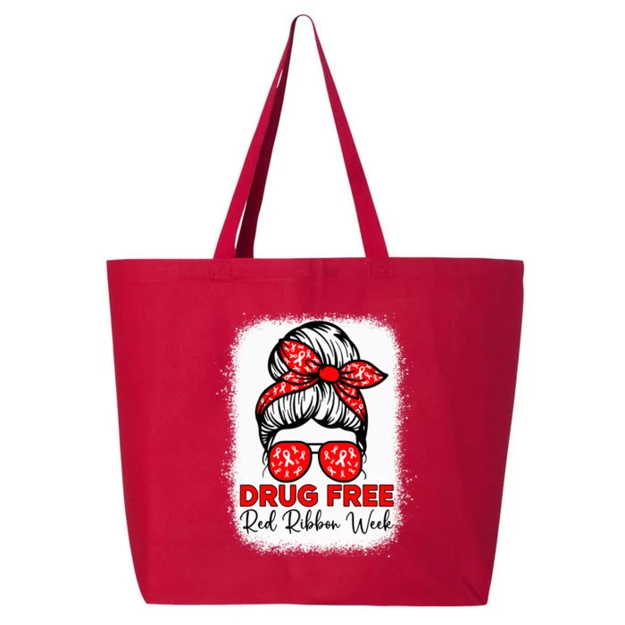 Drug Free  Red Ribbon Week Awareness Messy Bun Bleached 25L Jumbo Tote