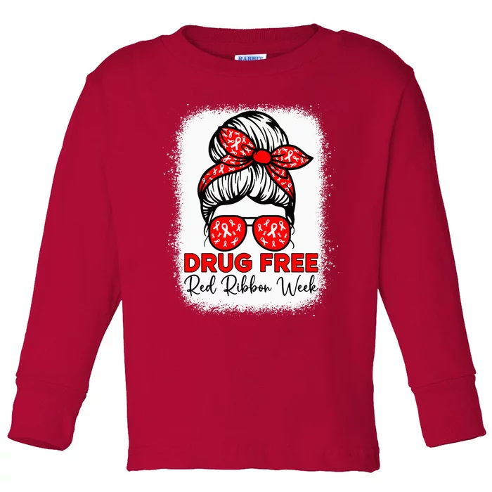 Drug Free  Red Ribbon Week Awareness Messy Bun Bleached Toddler Long Sleeve Shirt